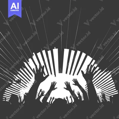 Aset premium populer: Silhouette of a Crowd with Raised Hands Against a White Striped Backgr