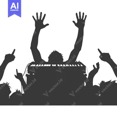 Aset desain premium: Silhouettes of people cheering at a concert with a musician playing a
