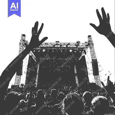 Aset desain premium: Crowd of Silhouetted Figures at a Concert with a Stage in the Backgrou