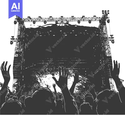 Silhouetted Crowd Facing a Stage with Spotlights and a Blank Banner