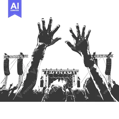 Aset desain premium: Silhouette of Two Hands Raised in a Crowd at a Music Concert