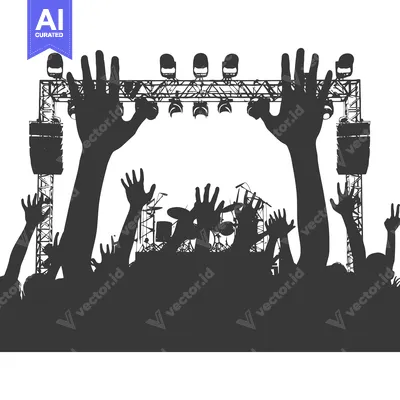 Aset desain premium: Silhouette of a Crowd at a Concert with Stage Lights and a Drum Set