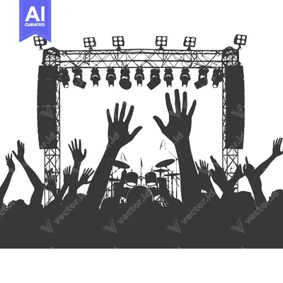 Aset premium populer: Silhouettes of a crowd at a concert with raised hands and a drum set o