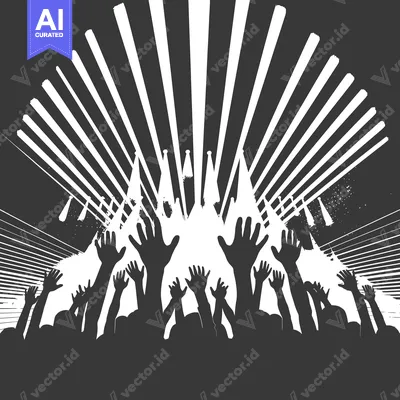Aset desain premium: Silhouettes of a Crowd Raising Their Hands Under a Sunburst