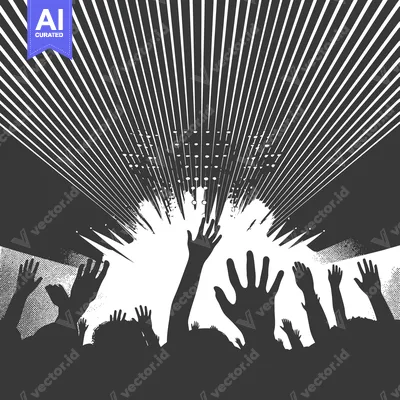 Aset desain premium: Black and White Silhouette of Raised Hands at a Concert