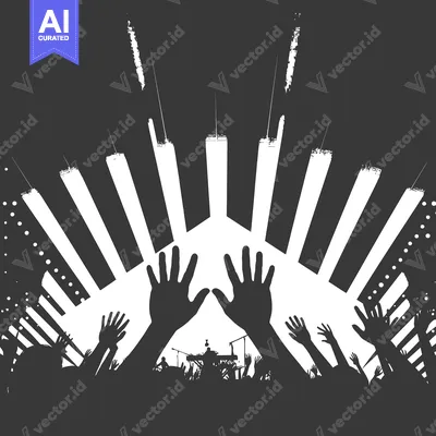 Silhouetted Crowd of People with Raised Hands at a Concert