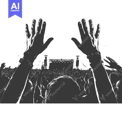 Two Raised Hands in Front of a Silhouetted Crowd at a Concert
