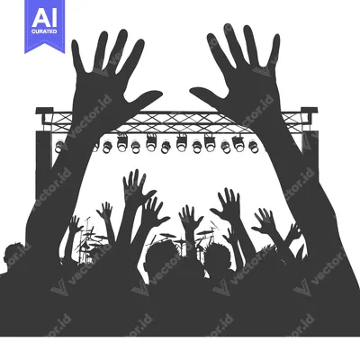 Aset premium populer: Silhouettes of a Crowd at a Concert with Hands Raised in the Air