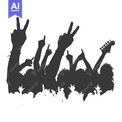 Silhouette of a Crowd at a Rock Concert with Raised Hands and Guitar