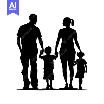 Aset desain premium: Silhouette of a Family of Four Holding Hands