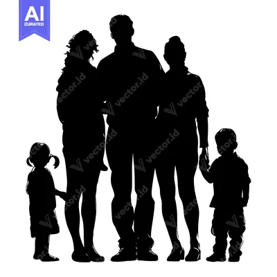 Aset desain premium: Silhouette of a Family with Two Children Standing Together