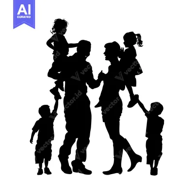 Aset desain premium: Silhouette of a Family with Four Children, Two Adults, and a White Bac