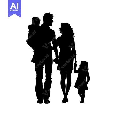 Aset desain premium: Silhouette of a Family with Two Children Holding Hands