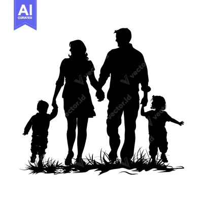 Aset desain premium: Silhouette of a family of four walking in grass