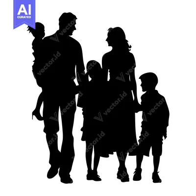 Aset desain premium: Silhouette of a Family of Four, Standing Together