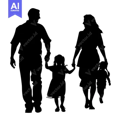 Aset desain premium: Silhouette of a Family of Four Walking