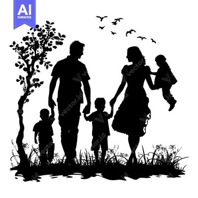 Aset desain premium: Family of Four Silhouettes in a Natural Setting