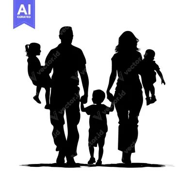 Aset desain premium: Silhouette of a Family of Four Walking Together