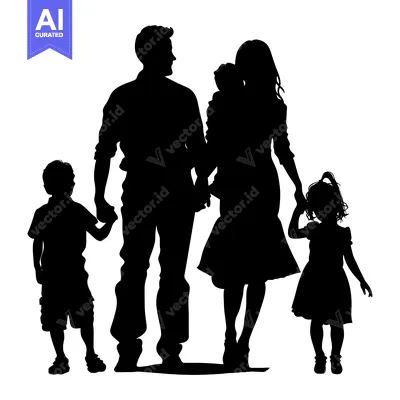 Aset premium populer: Silhouette of a family with a father, mother, son, and daughter