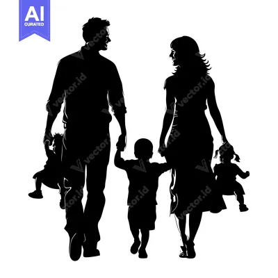 Silhouette of a family with two children walking together