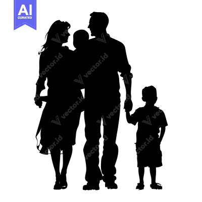 Aset premium populer: Silhouette of a family with two children, walking side by side.