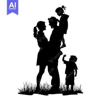 Silhouette of a Family with Two Children Standing in Grass
