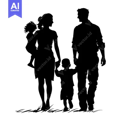 Aset premium populer: Silhouette of a Family of Four Walking