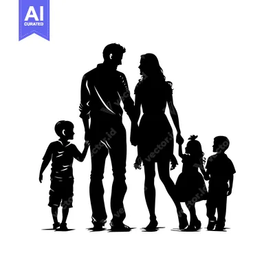 Aset desain premium: Silhouette of a family of four, parents holding hands with their two c