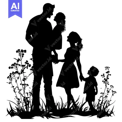 Aset desain premium: Silhouette of a Happy Family with Two Children Standing in a Field of
