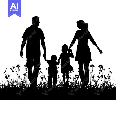 Aset premium populer: Silhouette of a Family of Four Walking Through Tall Grass