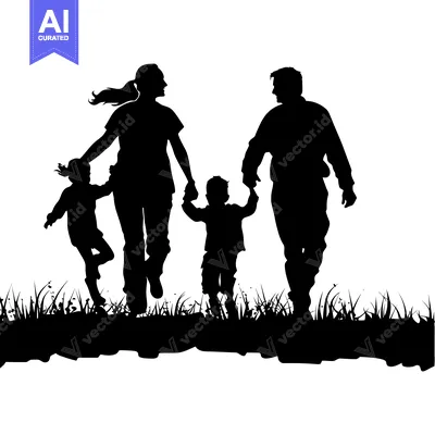 Aset desain premium: Silhouette of a family of four walking in grass