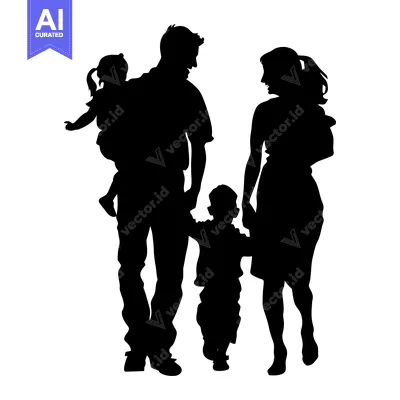 Silhouette of a family with two children walking