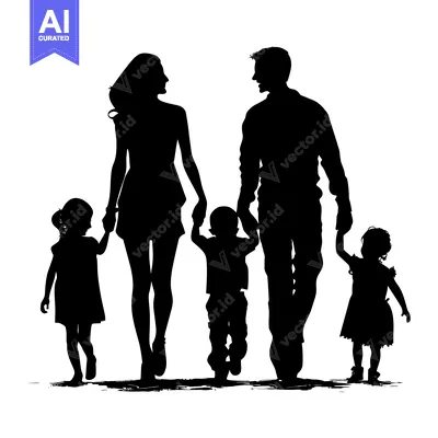 Premium design asset: Silhouette of a Family of Four Walking Hand-in-Hand