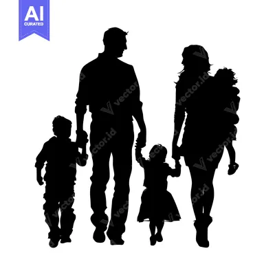 Aset desain premium: Silhouette of a Family of Four Walking Together
