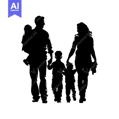Aset desain premium: Silhouette of a Family of Four Walking Together