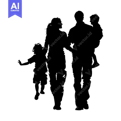 Silhouette of a family with two children walking