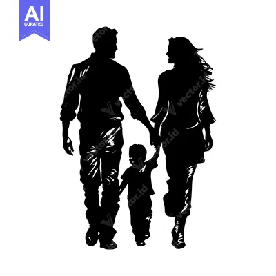 Aset desain premium: Silhouette of a Family of Three Holding Hands and Walking