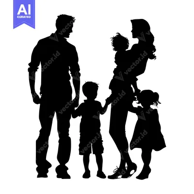 Aset desain premium: Silhouette of a Family with Two Children Holding Hands