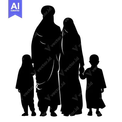 Aset premium populer: Black silhouette of a Muslim family with parents and two children