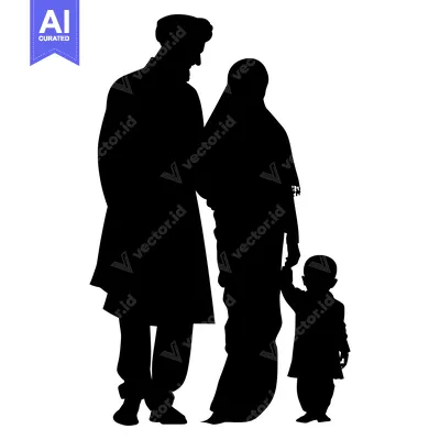 Aset desain premium: Silhouette of a Muslim Family with a Man, Woman, and Child