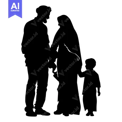 Premium design asset: A Muslim Family of Three Standing in Silhouette