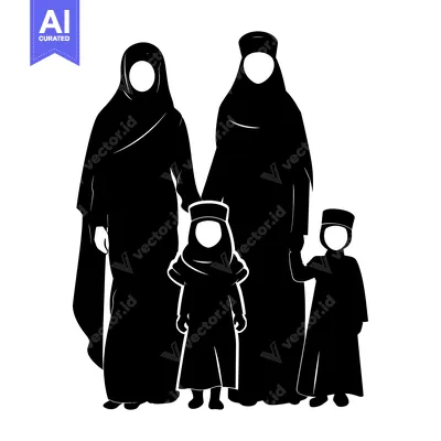 Aset desain premium: Black and white silhouette of a Muslim family