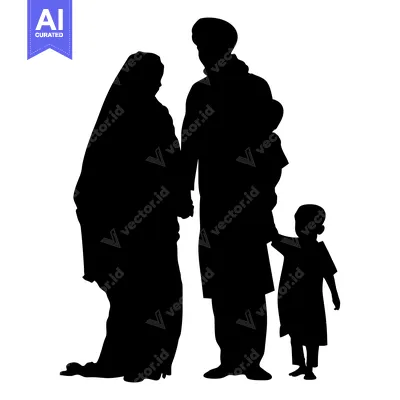 Aset desain premium: Silhouette of a Muslim Family with Two Children