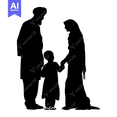 Aset desain premium: Silhouette of a Muslim Family with a Child Holding Hands
