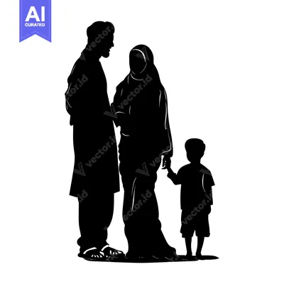 Aset desain premium: Silhouette of a Muslim Family with a Father, Mother, and Son