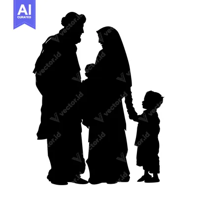 Aset desain premium: Silhouette of a Muslim family with two children
