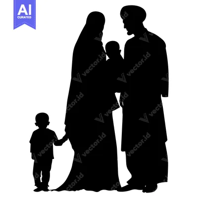 Premium design asset: Black Silhouette of Muslim Family with Two Children