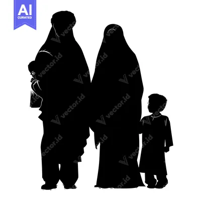Premium design asset: Silhouette of a Muslim Family with Two Children