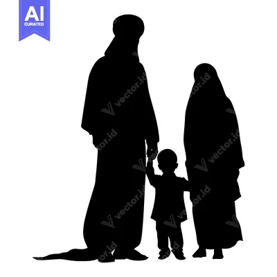 Aset premium populer: Silhouette of a Muslim Family with a Young Son
