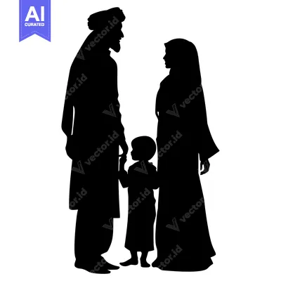 Aset premium populer: Black Silhouette of a Muslim Family of Three